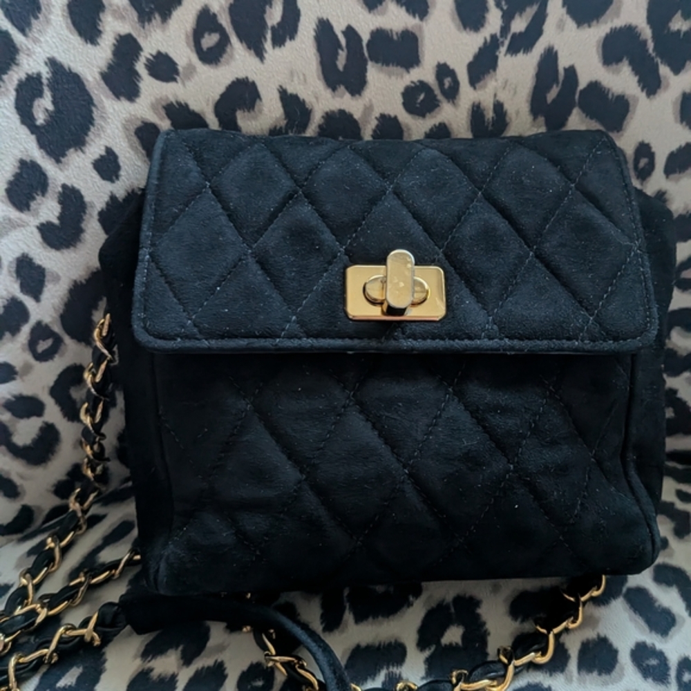 Arnold Churgin Classic Flap Black Quilted Suede Crossbody Bag with Gold Hardware